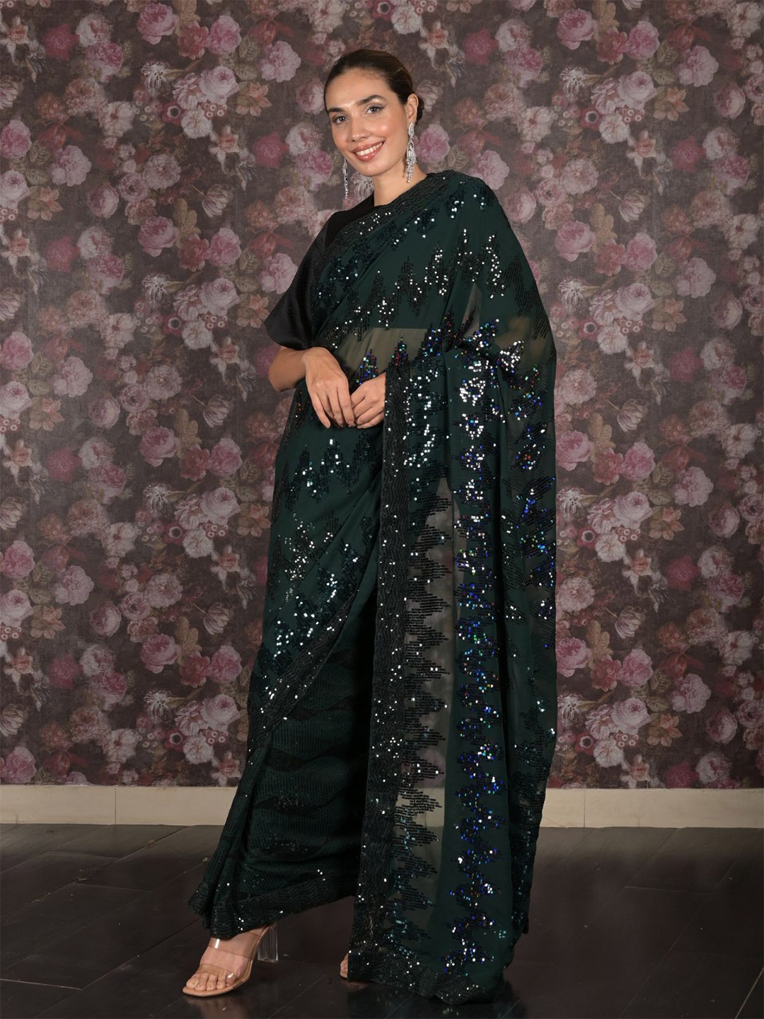 

ODETTE Embellished Sequinned Pure Georgette Saree, Green