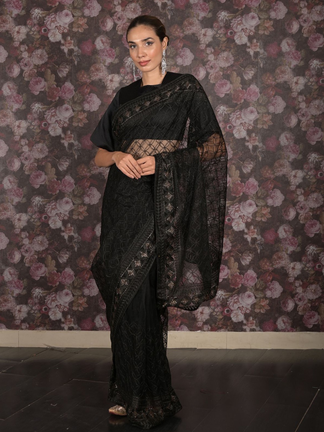 

ODETTE Embellished Beads and Stones Net Saree, Black