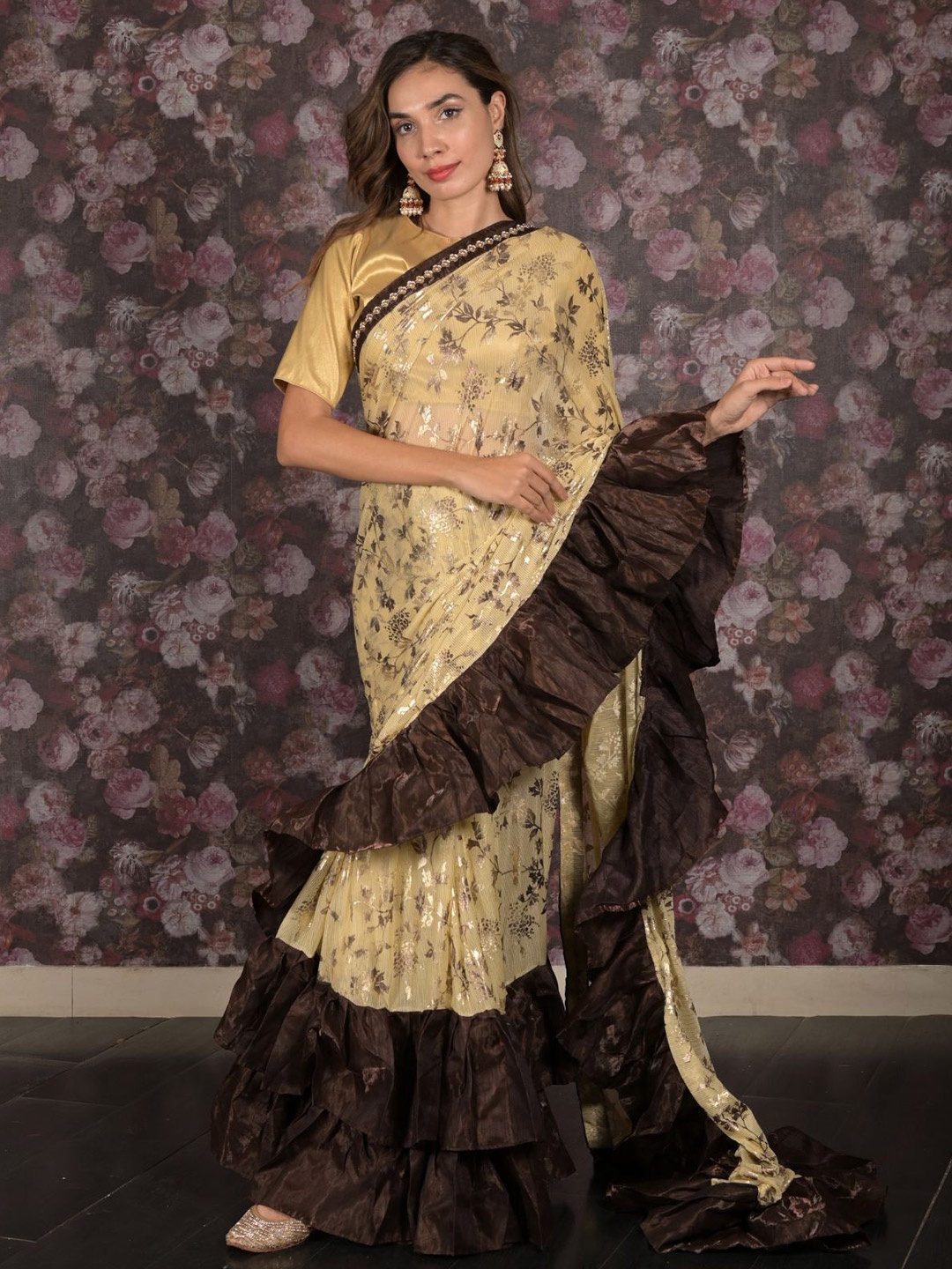 

ODETTE Floral Printed Ruffles Saree, Beige