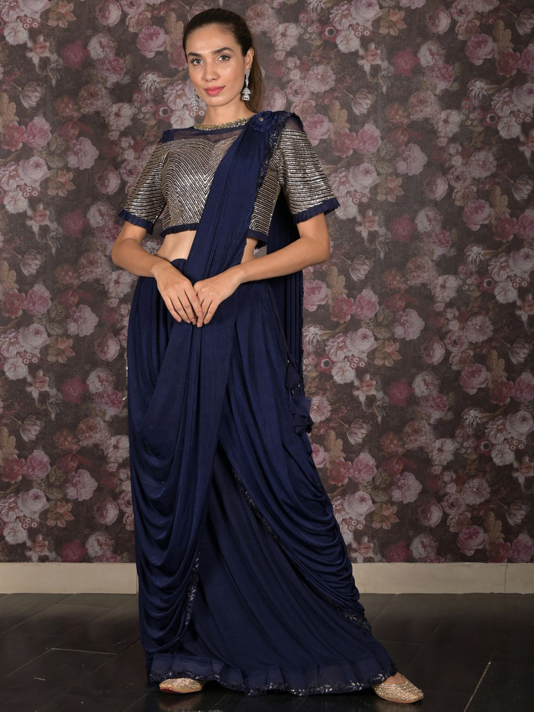 

ODETTE Embroidered Ready to Wear Saree, Navy blue