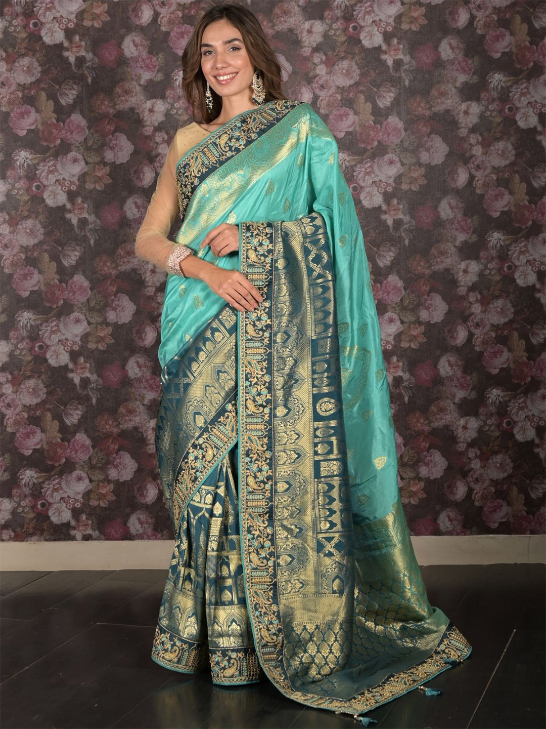 

ODETTE Ethnic Motifs Zari Saree, Teal