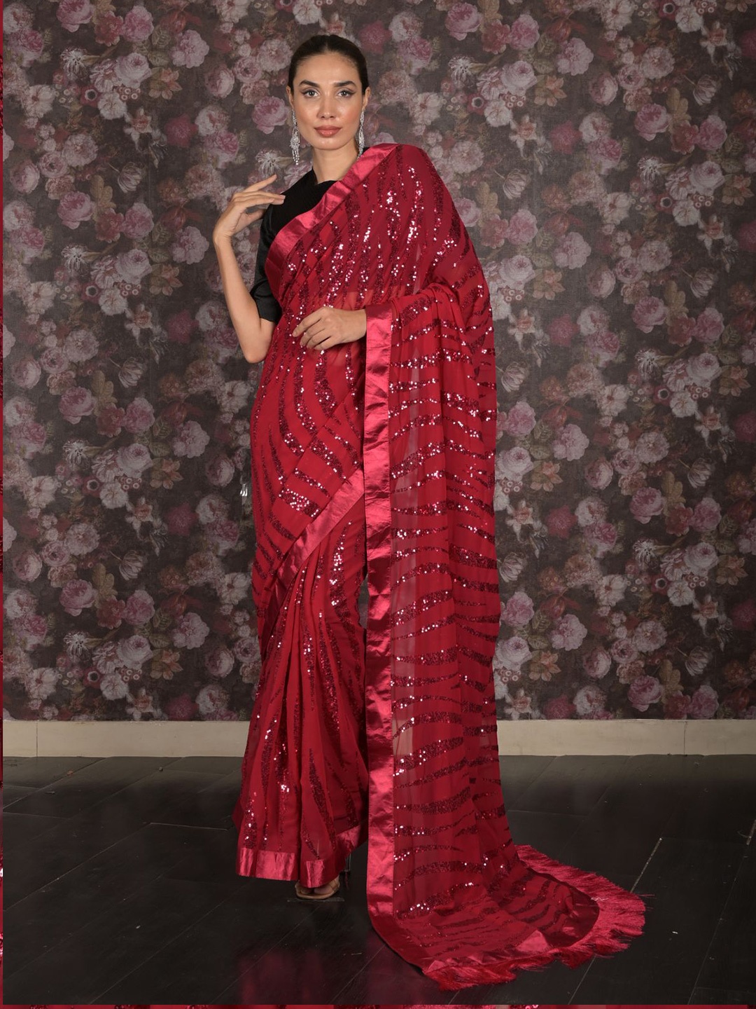 

ODETTE Embroidered Pure Georgette Saree, Maroon