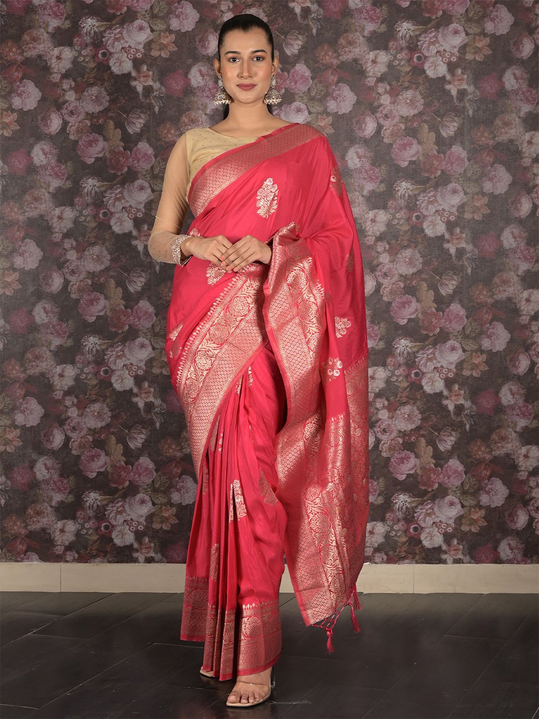 

ODETTE Woven Design Zari Saree, Pink