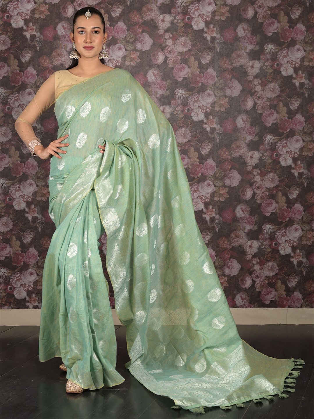 

ODETTE Woven Design Zari Pure Cotton Saree, Sea green