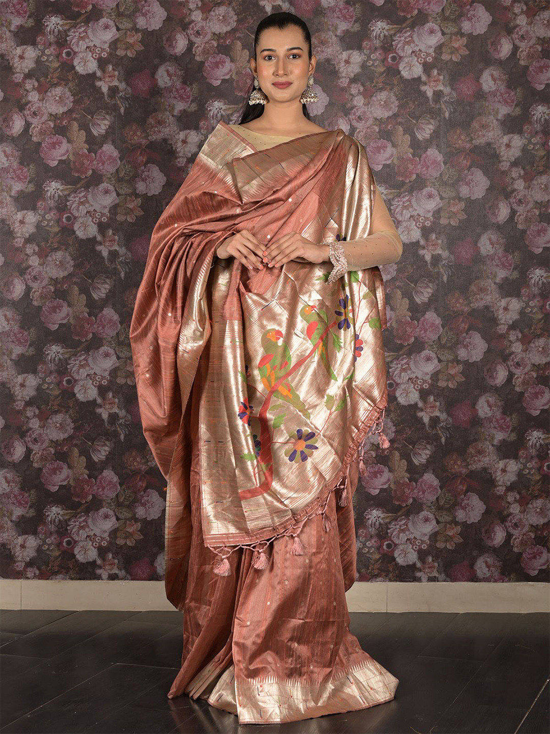 

ODETTE Woven Design Zari Silk Blend Saree, Rust