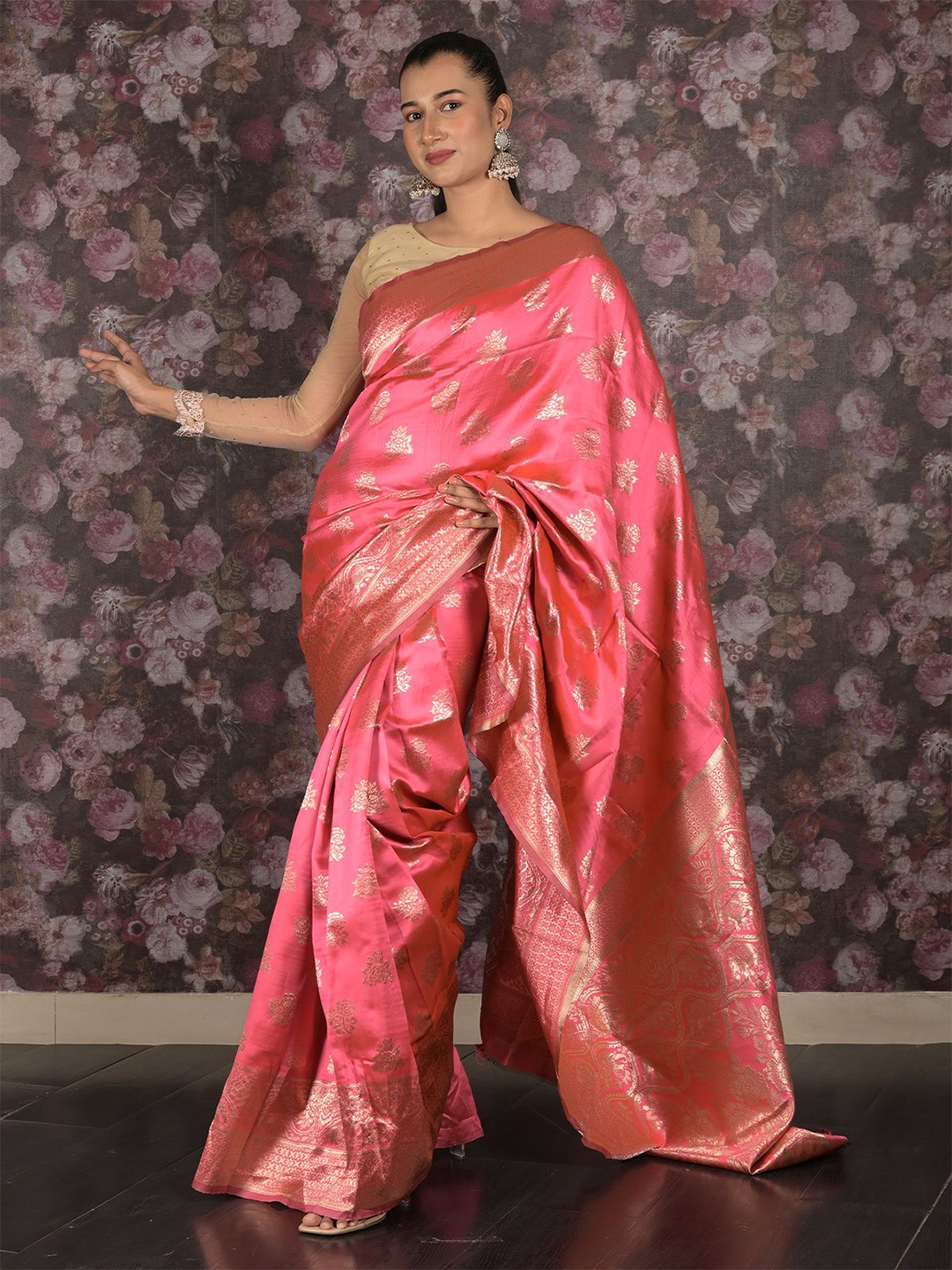 

ODETTE Woven Design Zari Saree, Pink