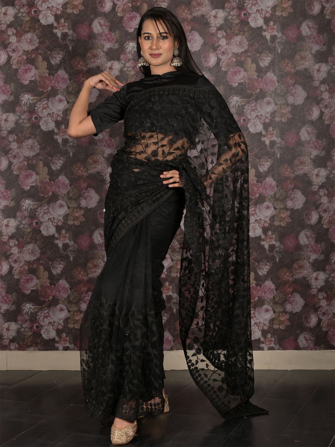 

ODETTE Embellished Beads and Stones Net Saree, Black