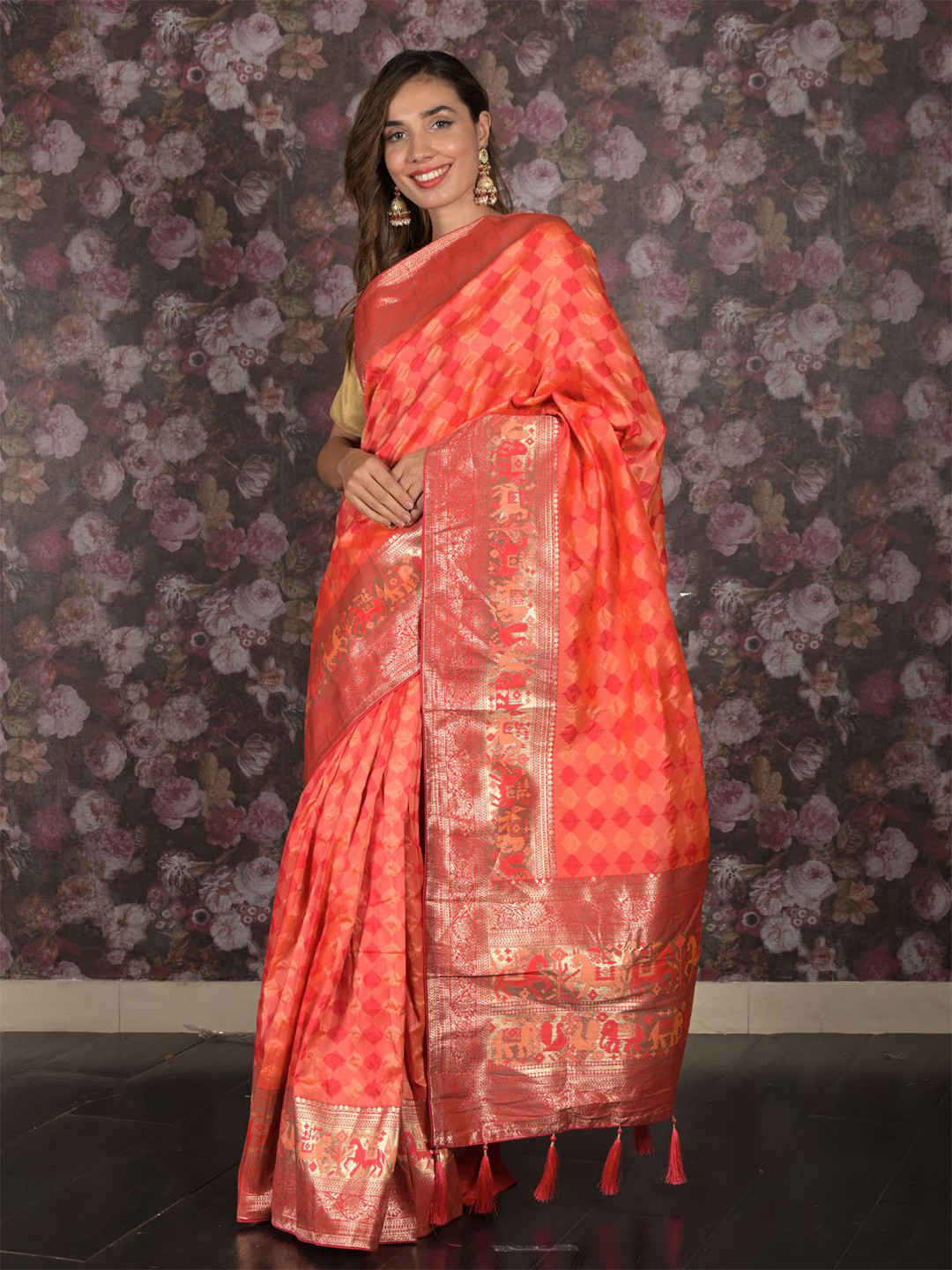 

ODETTE Woven Design Zari Saree, Orange