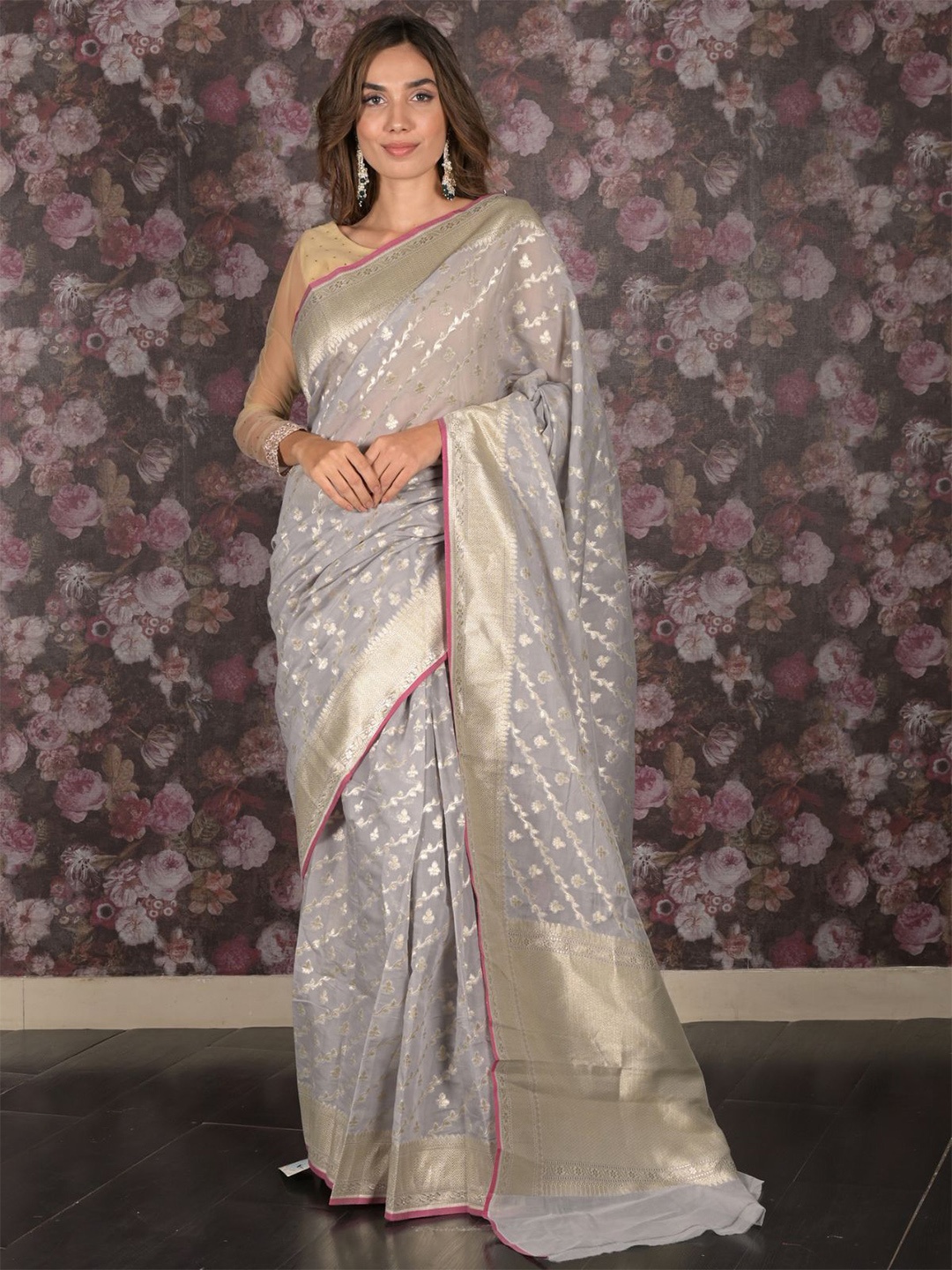 

ODETTE Woven Design Zari Saree, Grey