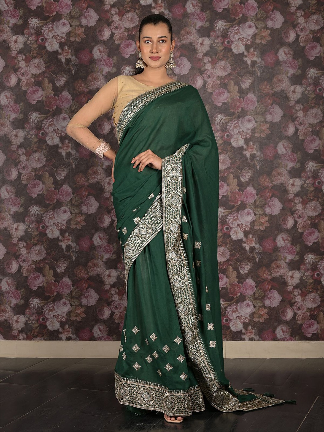 

ODETTE Embellished Embroidered Pure Georgette Saree, Green