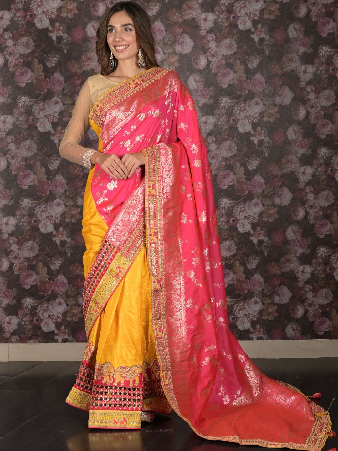 

ODETTE Woven Design Embroidered Saree, Pink