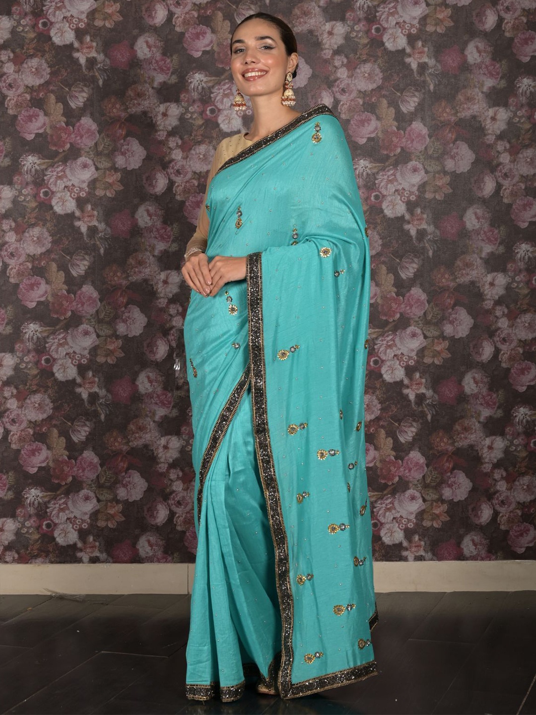

ODETTE Embellished Embroidered Tissue Saree, Sea green