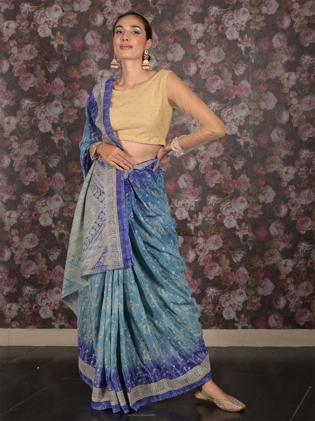 

ODETTE Floral Embroidered Pure Georgette Saree, Blue