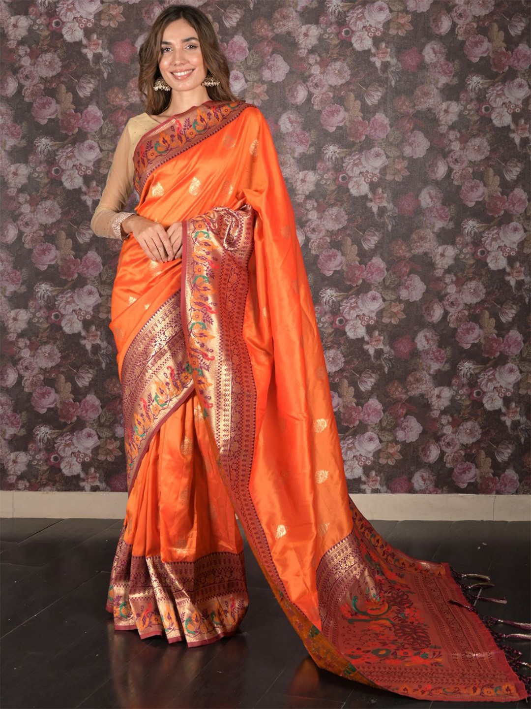 

ODETTE Woven Design Zari Saree, Orange