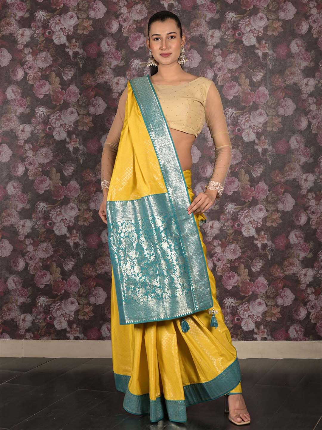 

ODETTE Woven Design Zari Pure Crepe Saree, Yellow