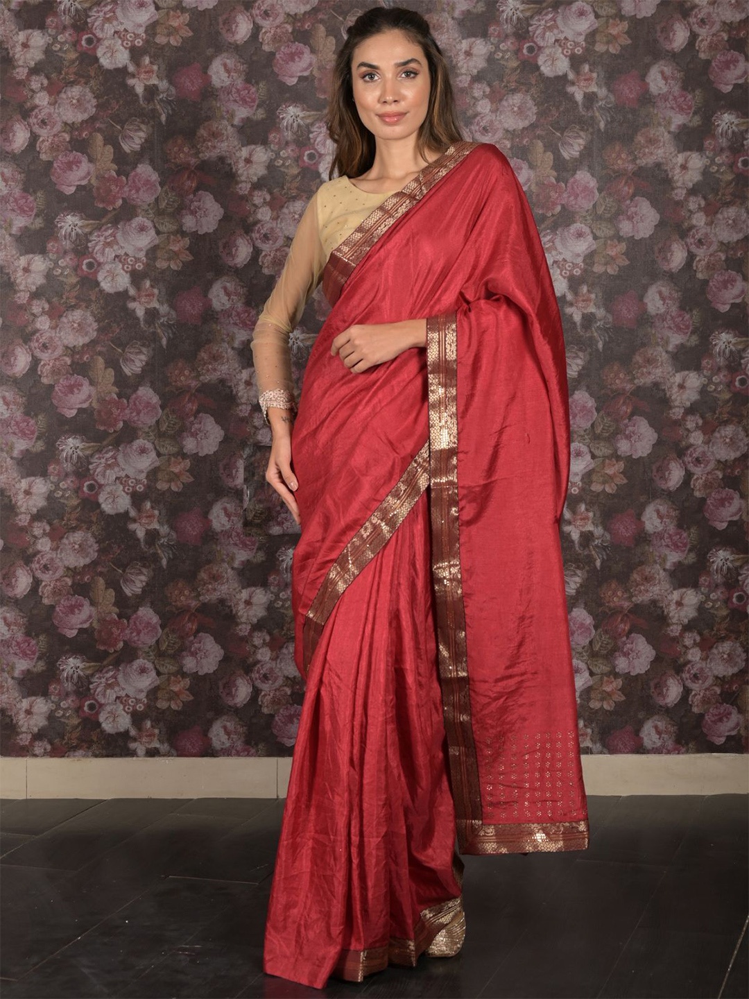 

ODETTE Zari Pure Crepe Saree, Red