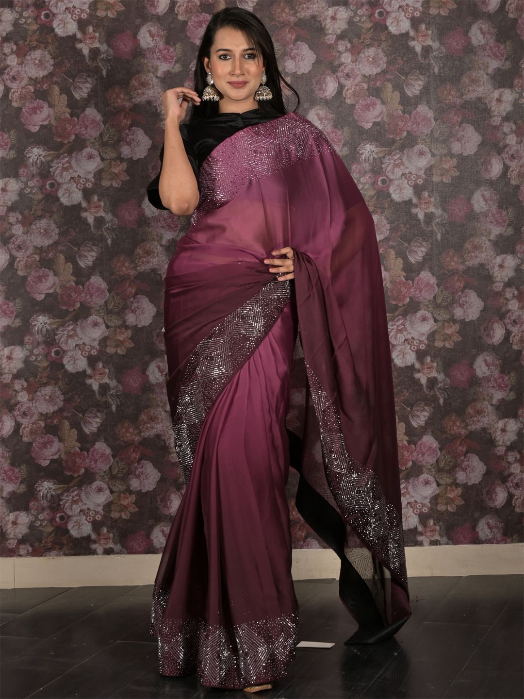 

ODETTE Beads and Stones Pure Crepe Saree, Purple