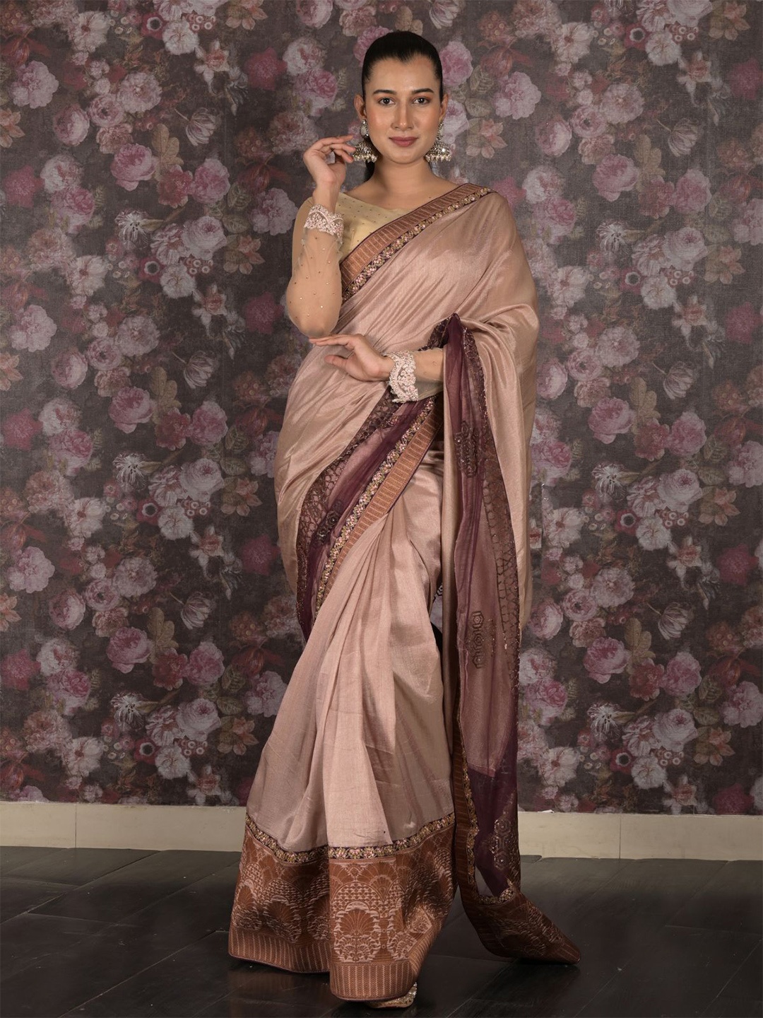 

ODETTE Embroidered Pure Silk Saree, Beige
