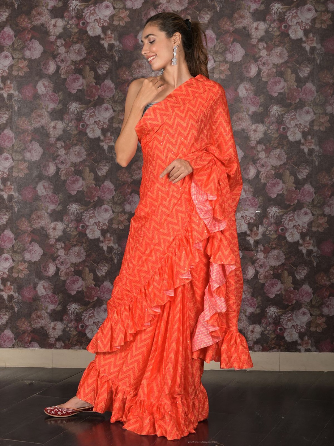 

ODETTE Sequinned Pure Crepe Ruffled Saree, Orange