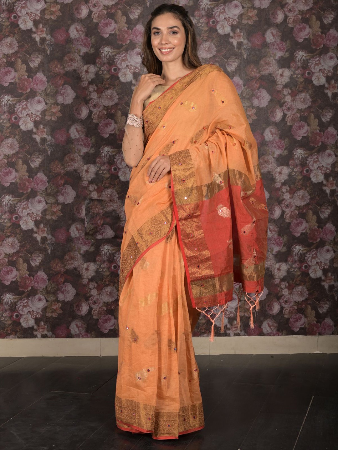 

ODETTE Woven Design Zari Pure Silk Saree, Orange