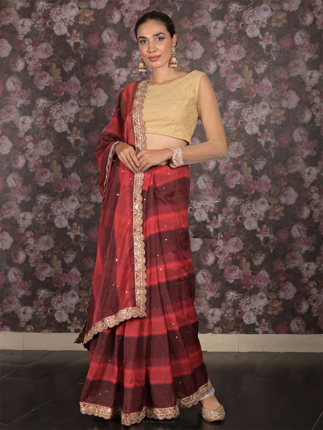

ODETTE Striped Embroidered Pure Crepe Saree, Maroon