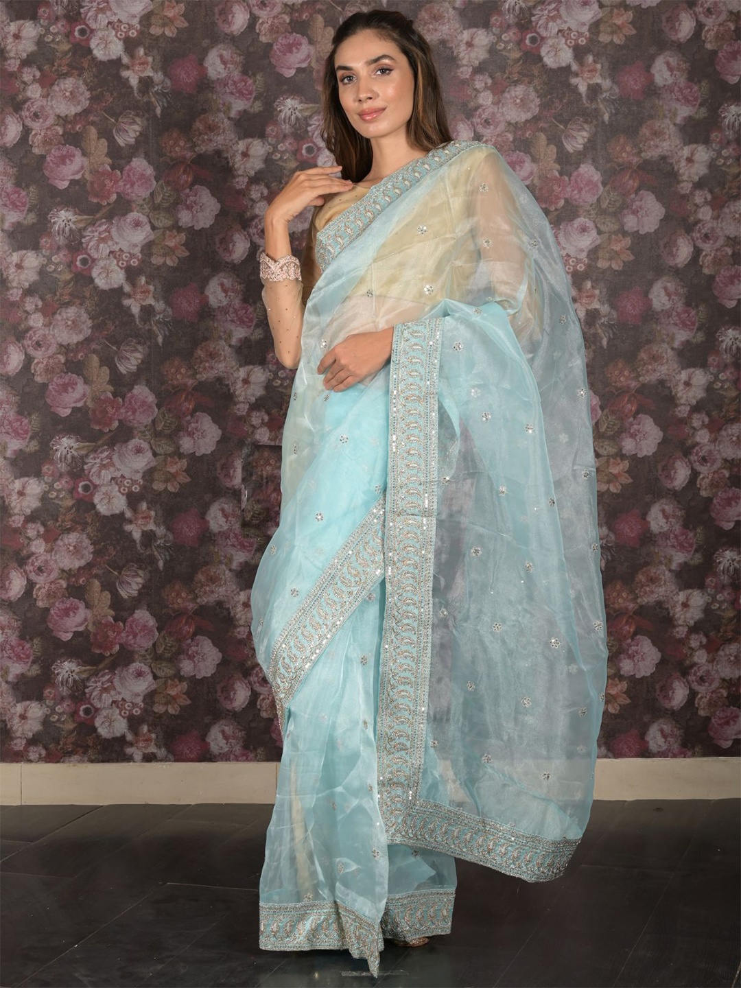 

ODETTE Embellished Beads and Stones Organza Saree, Blue