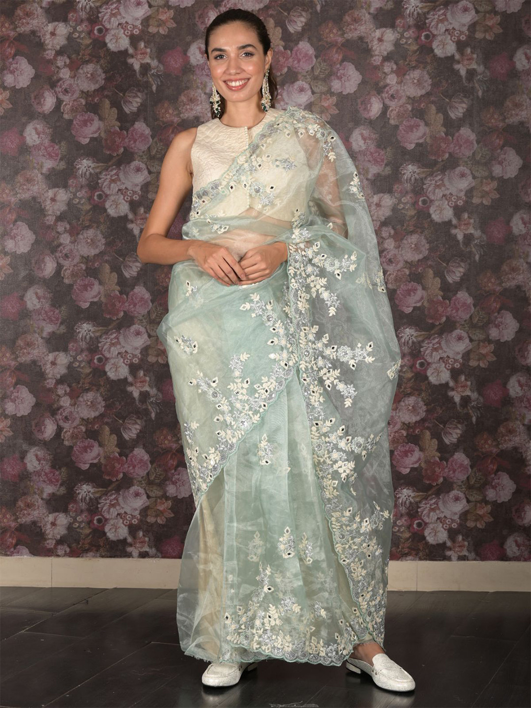 

ODETTE Floral Mirror Work Organza Saree, Sea green