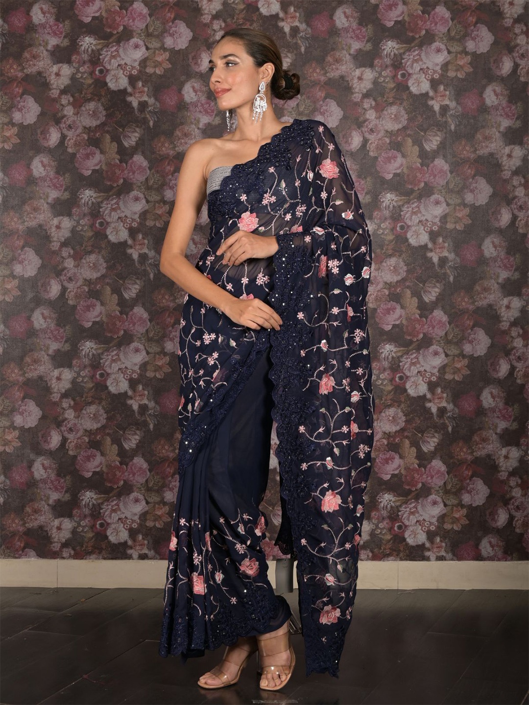 

ODETTE Ethnic Motifs Sequinned Pure Georgette Saree, Navy blue