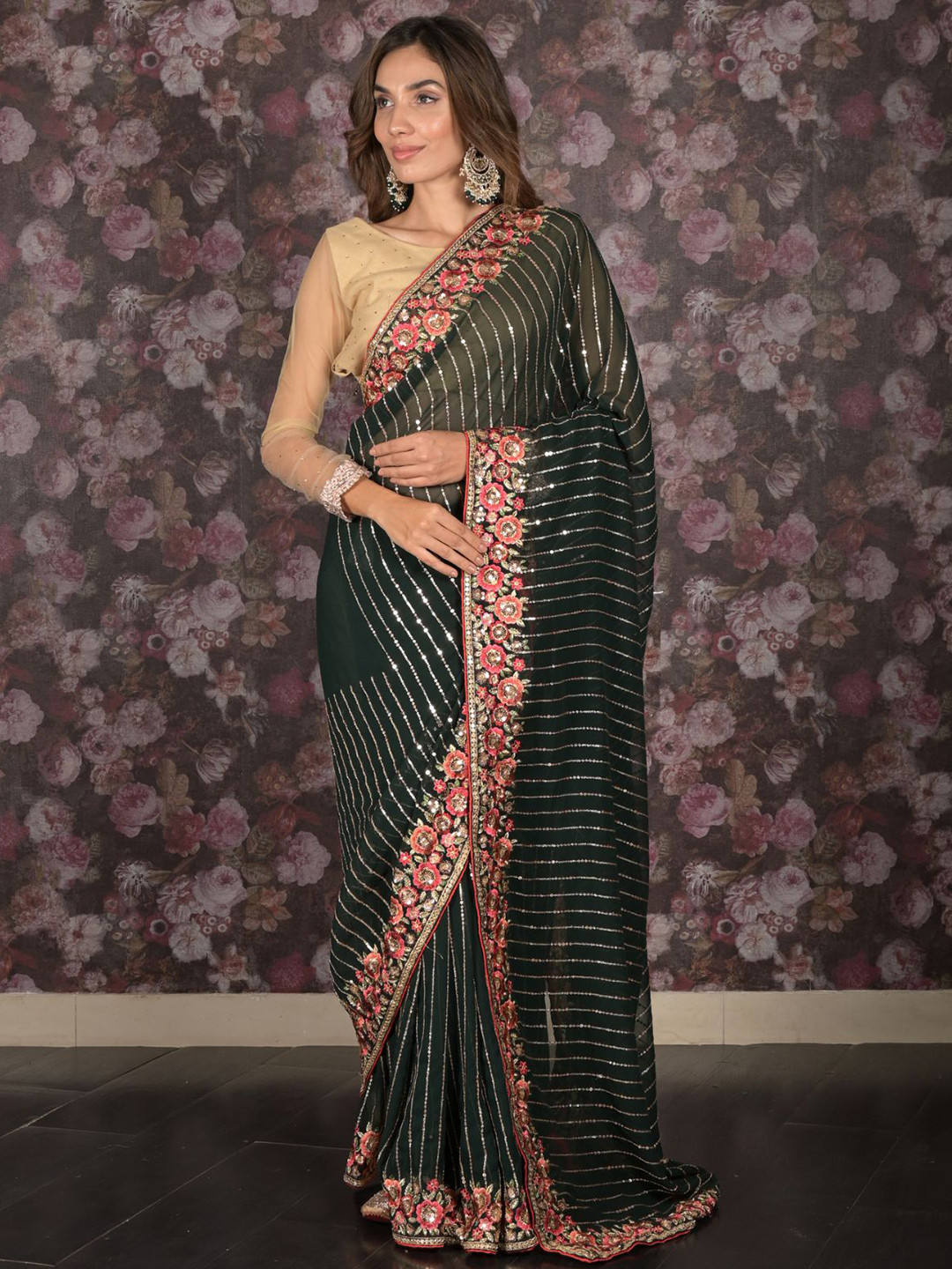

ODETTE Embellished Sequinned Pure Georgette Saree, Green