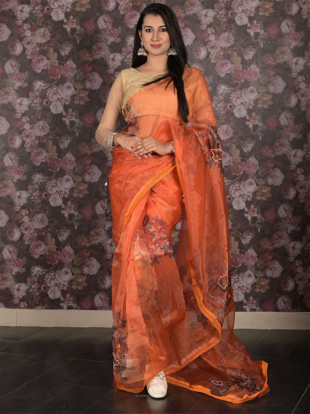 

ODETTE Floral Organza Saree, Orange