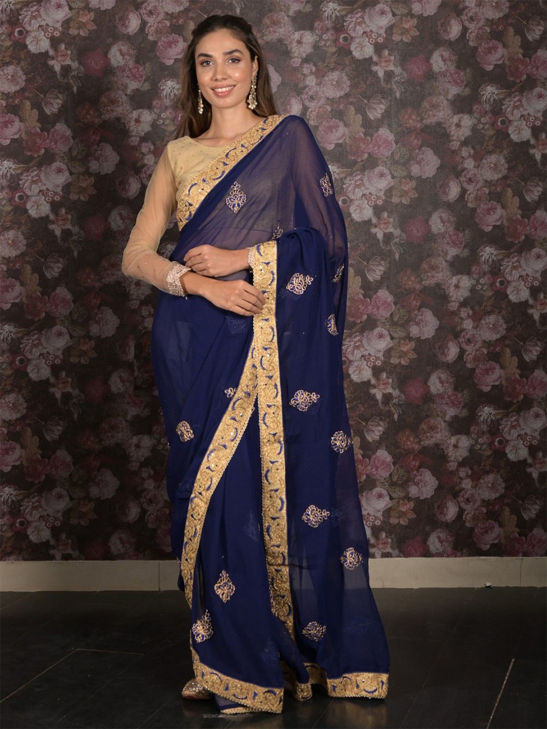 

ODETTE Embellished Pure Chiffon Saree, Navy blue