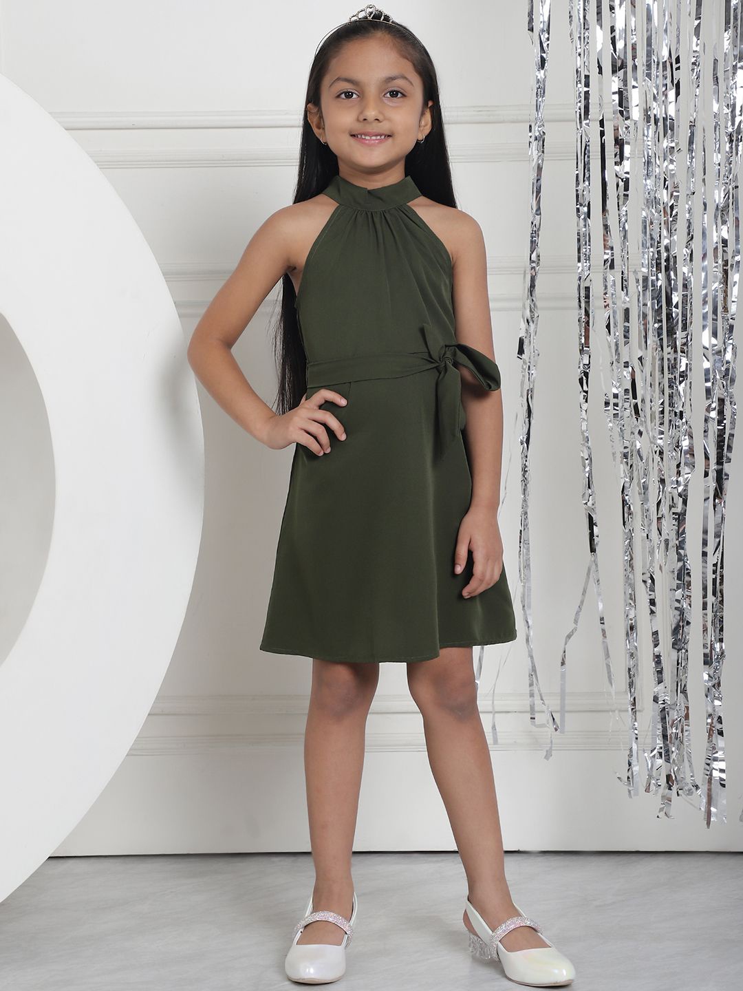 

MINI & MING Girls Halter Neck Tie-Ups Fit & Flare Dress, Olive