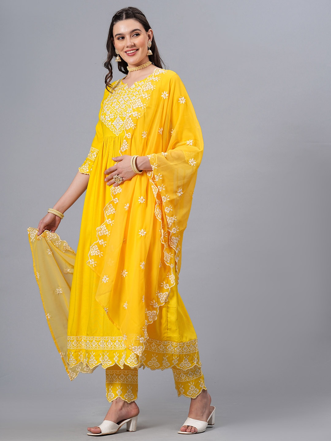 

NEW4U Floral Embroidered Regular Sequinned Anarkali Kurta With Palazzos & Dupatta, Yellow