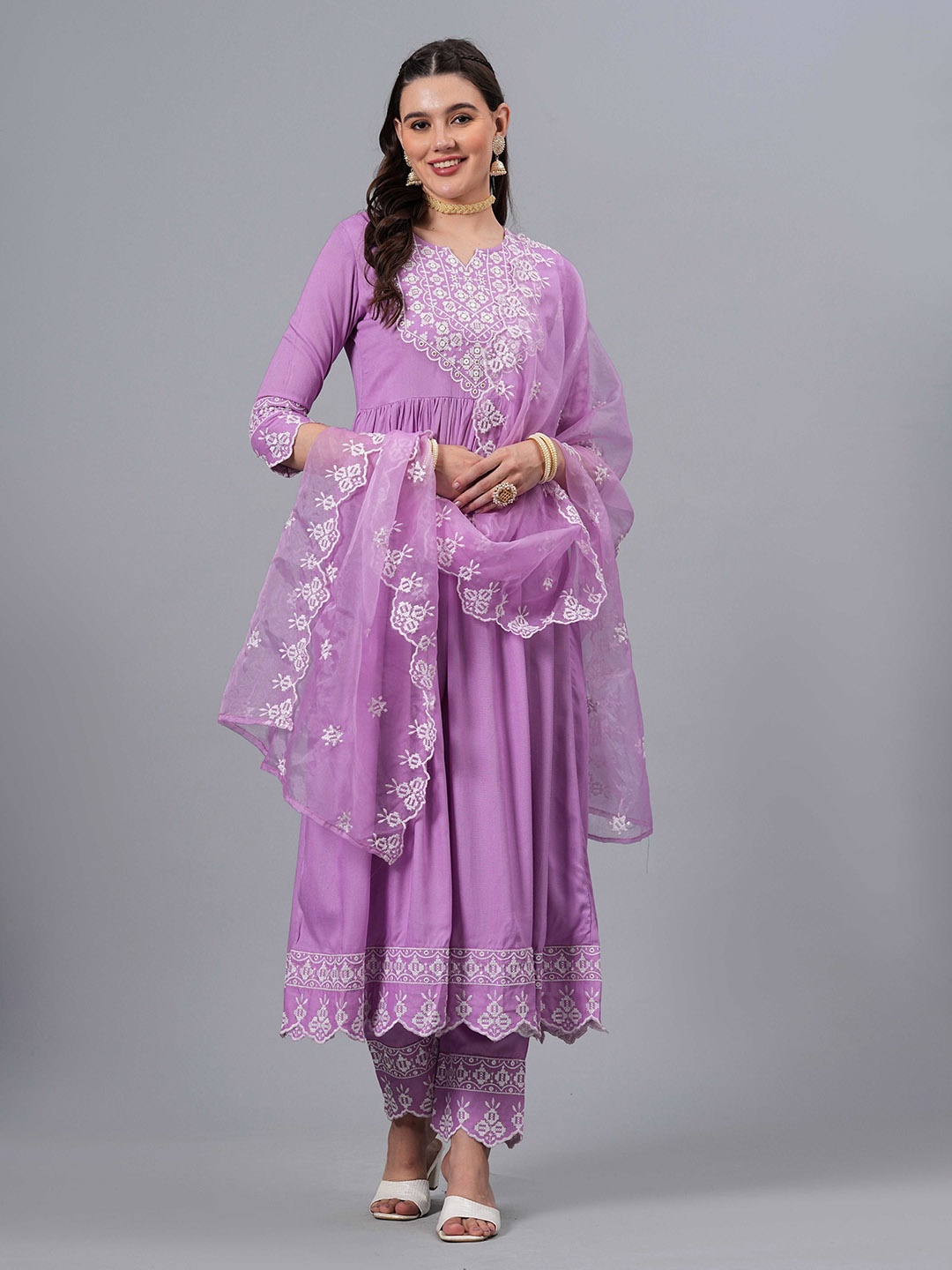 

NEW4U Floral Embroidered Regular Sequinned Anarkali Kurta With Palazzos & Dupatta, Purple