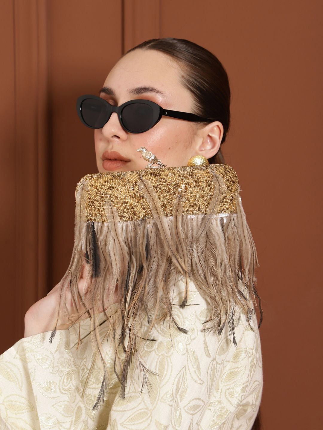 

THE TAN CLAN Daina Feather Embroidered Box Clutch, Gold
