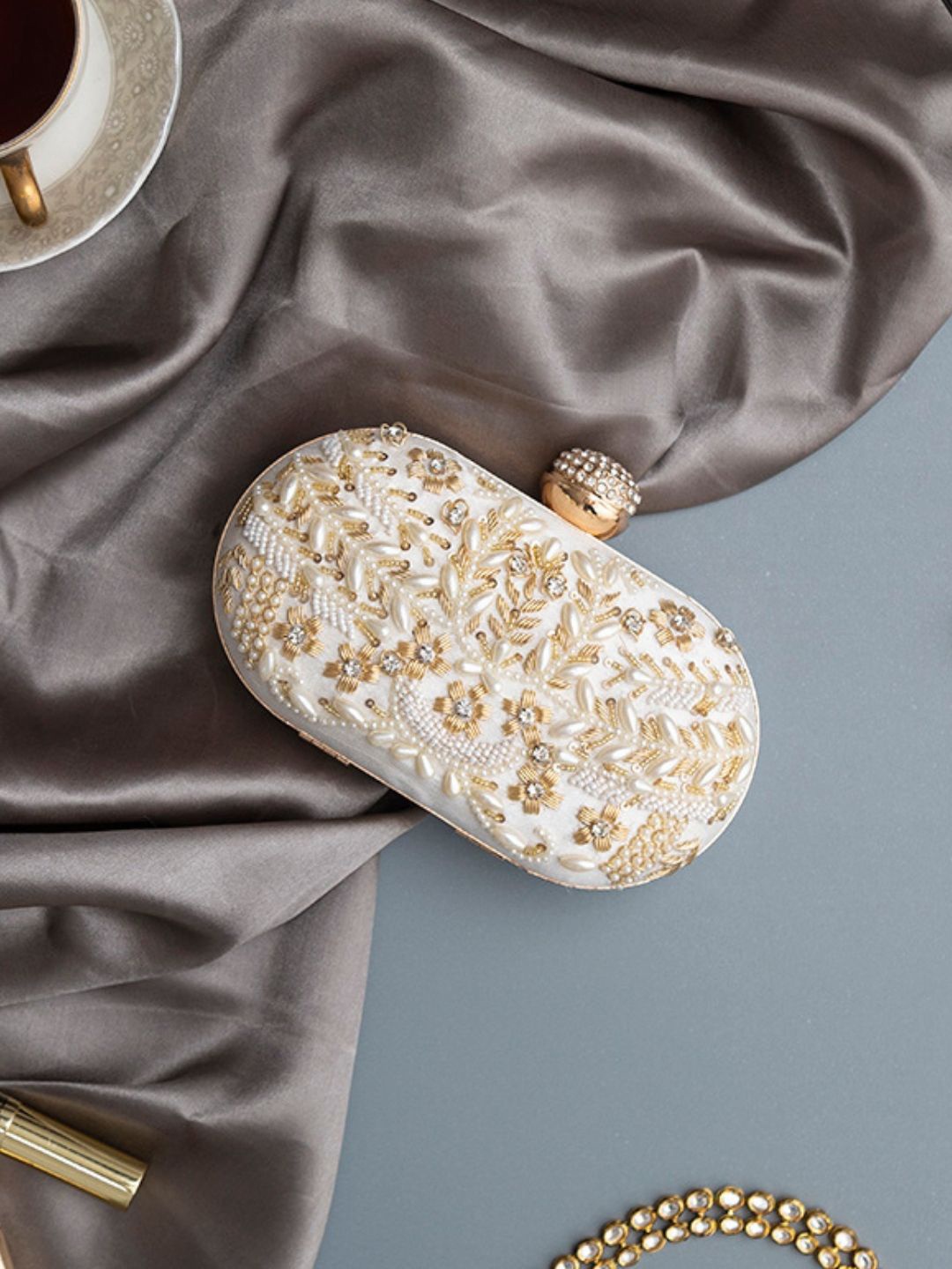 

THE TAN CLAN Elizah Embroidered Pearls Beaded Box Clutch, White