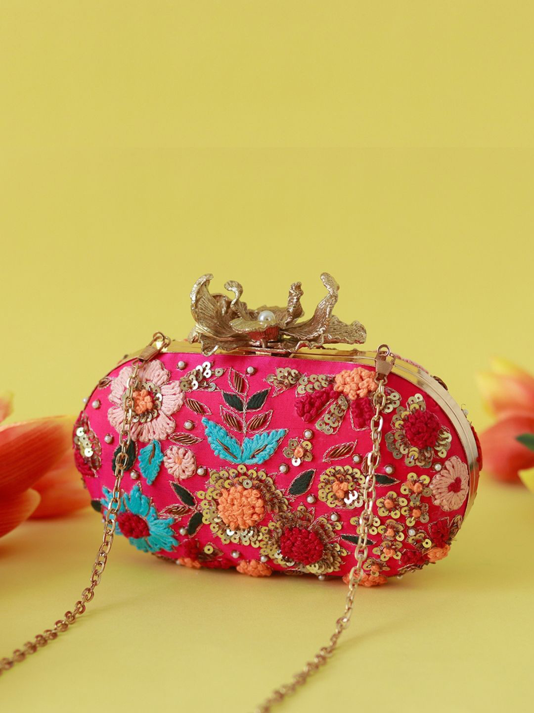 

THE TAN CLAN Flora Resham Embroidered Box Clutch, Pink