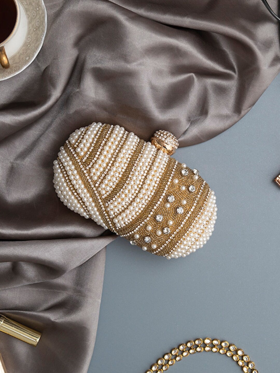 

THE TAN CLAN Rabia Embroidered Pearls Beaded Box Clutch, Gold