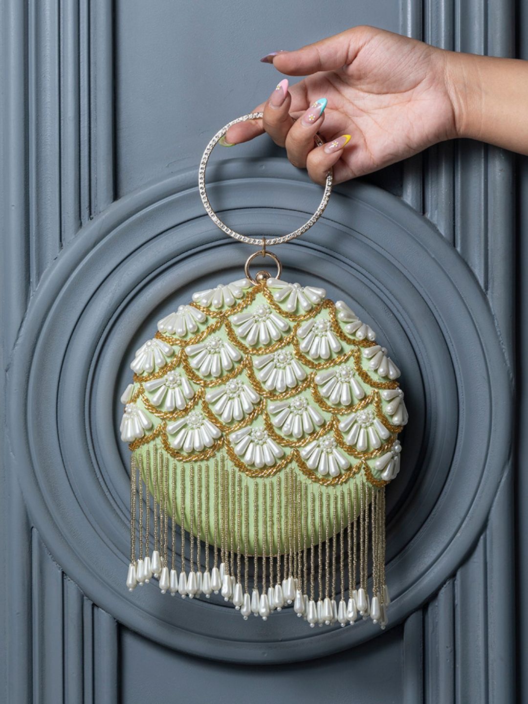 

THE TAN CLAN Irsa Embroidered Tasselled Box Clutch With Pearls Beaded, Lime green