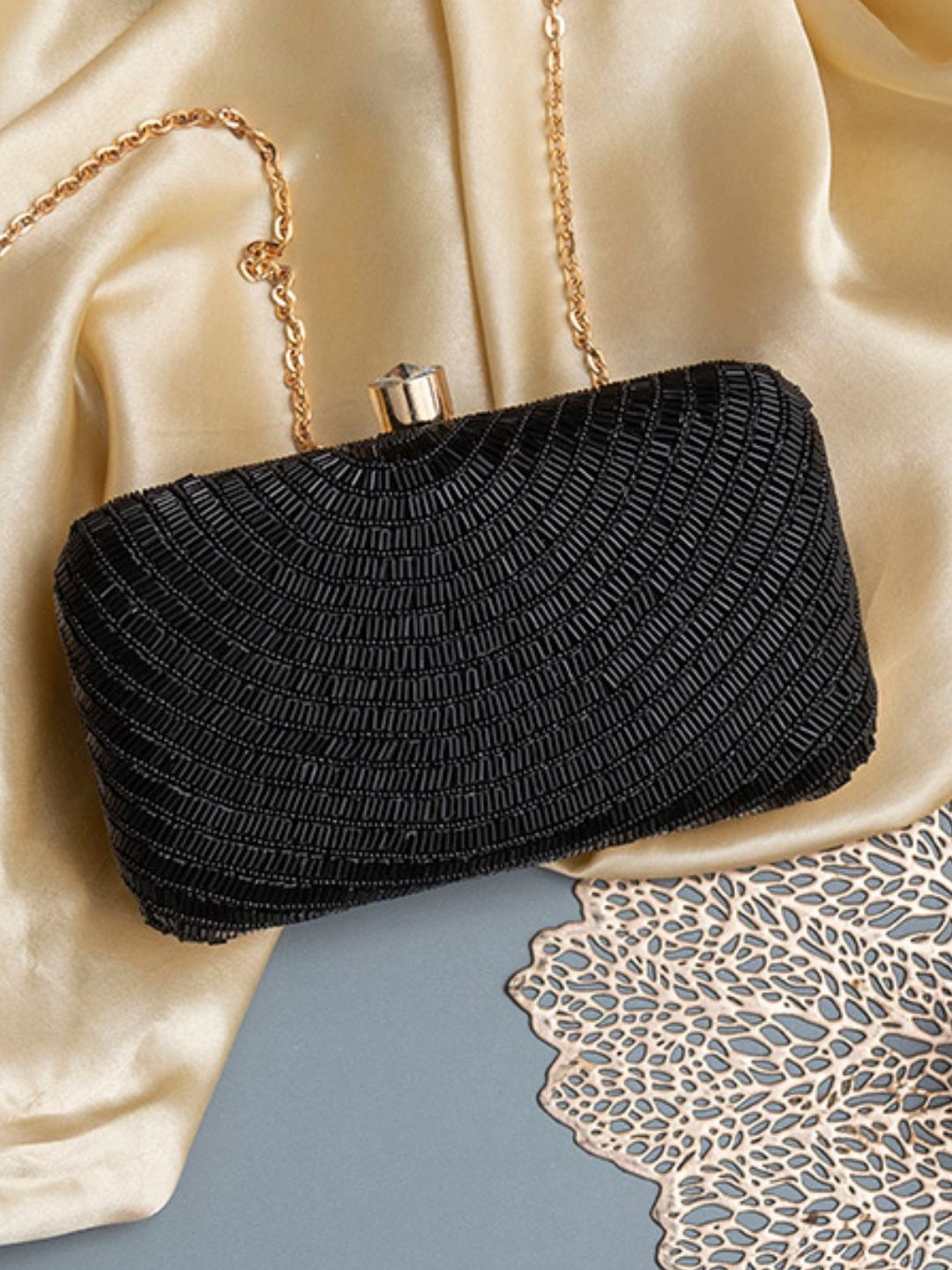 

THE TAN CLAN Glitz Embroidered Box Clutch, Black