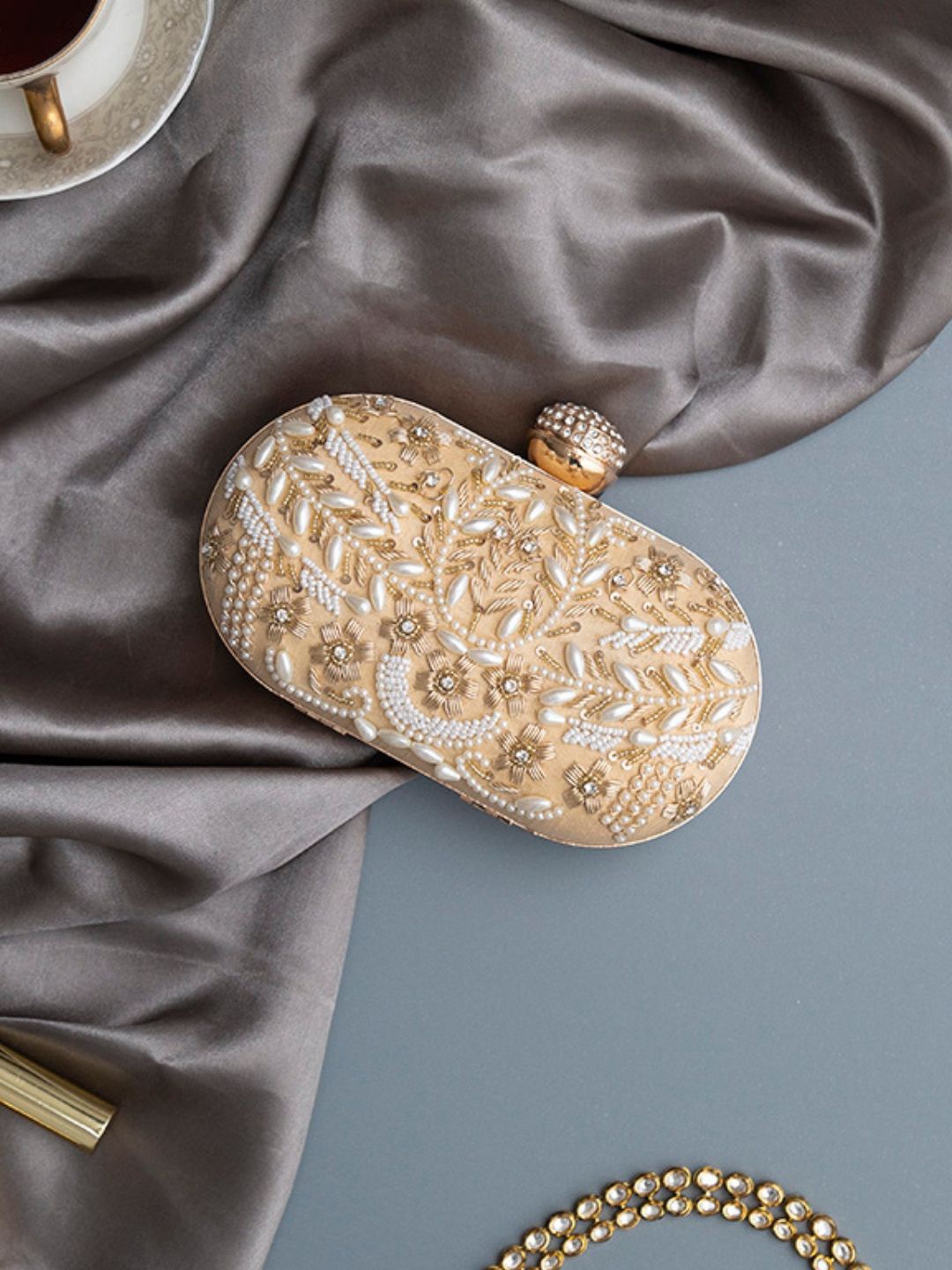 

THE TAN CLAN Elizah Zarozi Embroidered Box Clutch, Gold