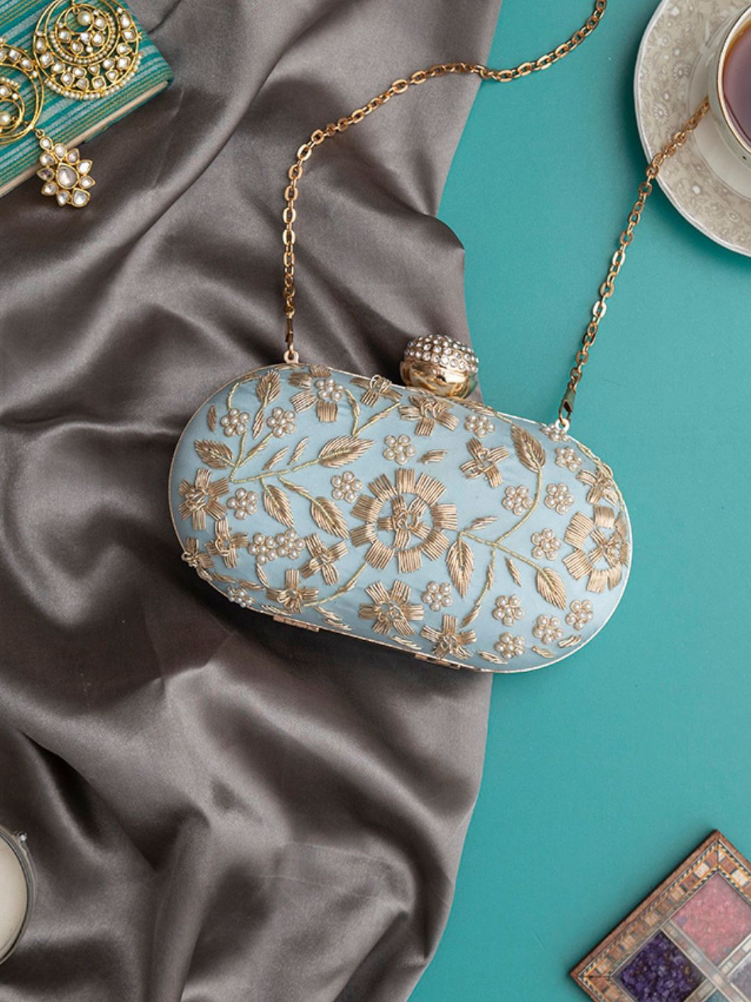 

THE TAN CLAN Baiza Embroidered Box Clutch, Blue