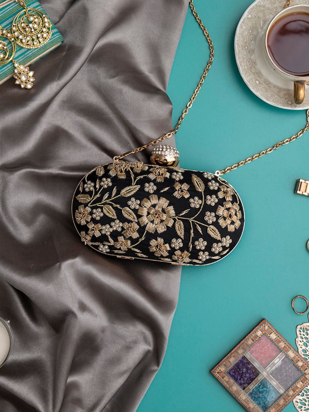 

THE TAN CLAN Baiza Embroidered Box Clutch, Black