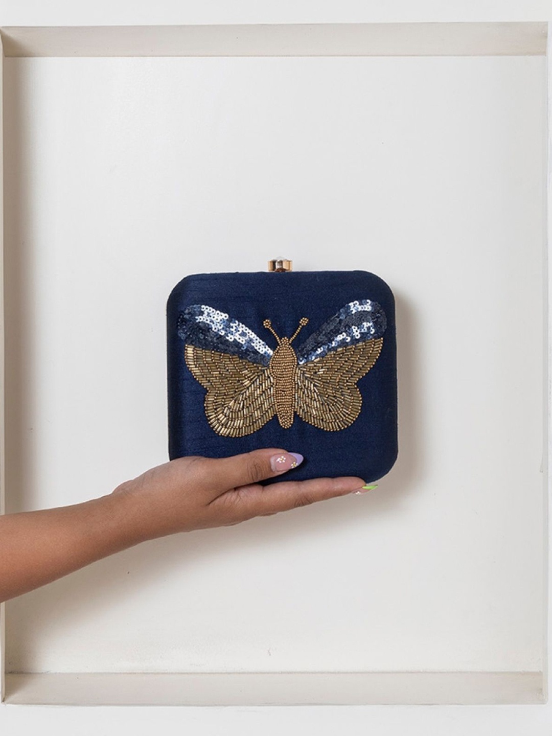 

THE TAN CLAN NIgah Square Embroidered Box Clutch, Navy blue