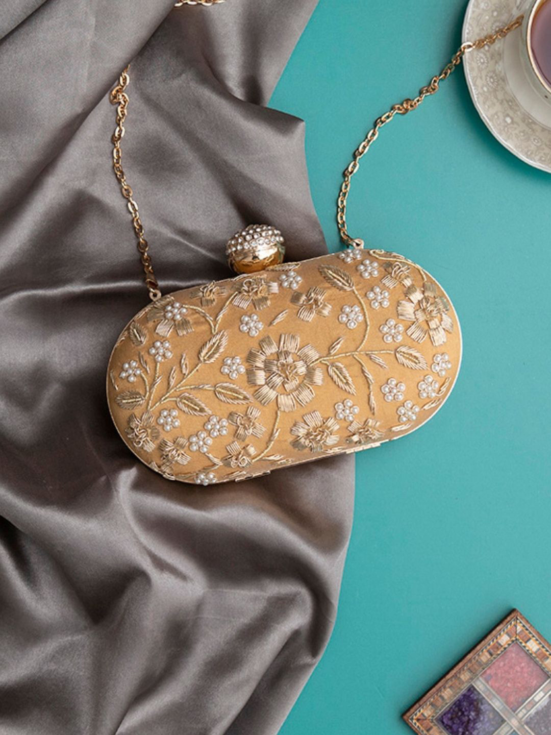 

THE TAN CLAN Baiza Embroidered Box Clutch, Gold