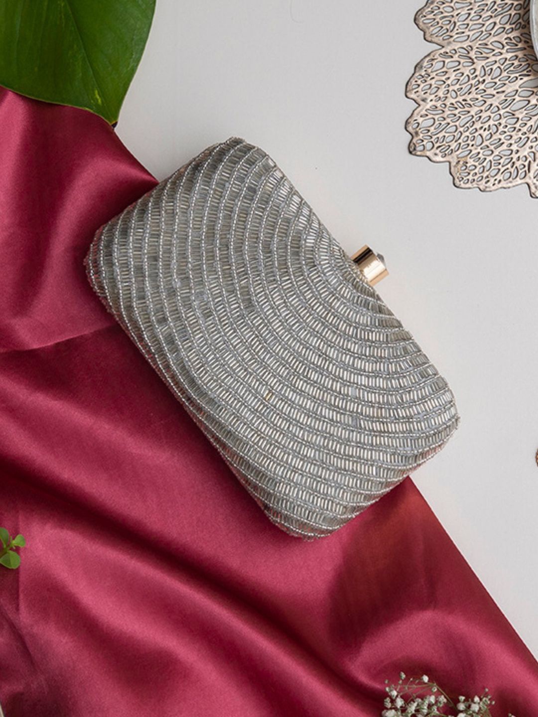 

THE TAN CLAN Glitz Embroidered Box Clutch, Silver