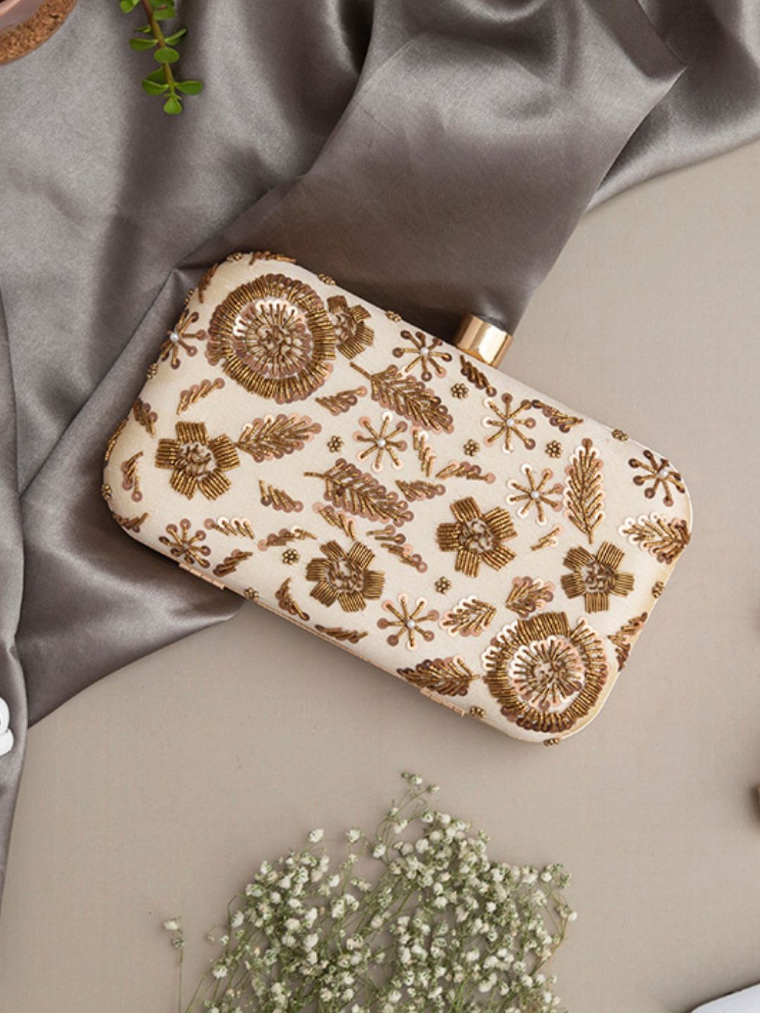 

THE TAN CLAN Aabish Embroidered Sequinned Box Clutch, Beige