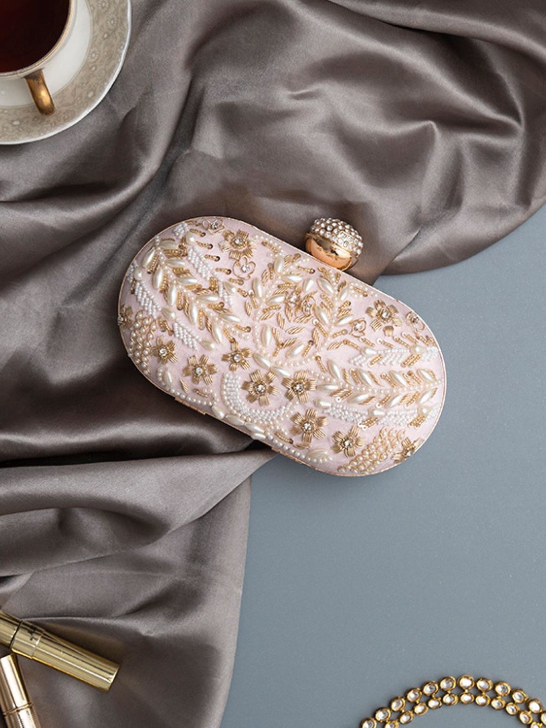 

THE TAN CLAN Elizah Embroidered Pearls Beaded Box Clutch, Pink