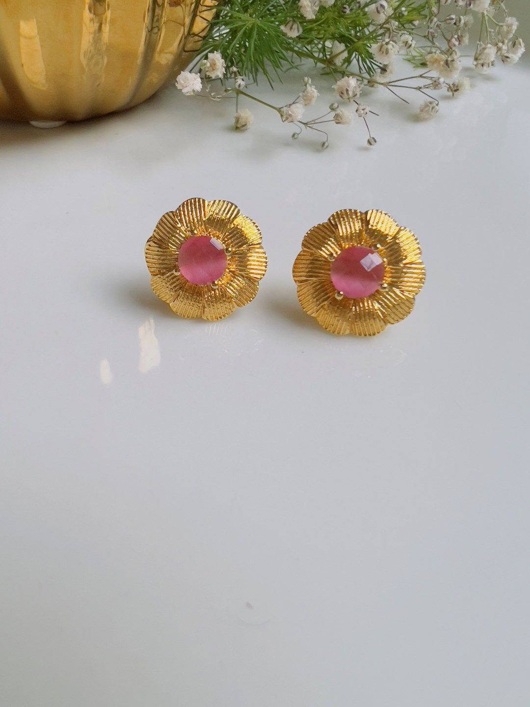 

XAGO Gold-Plated Stones Studded Floral Studs Earrings