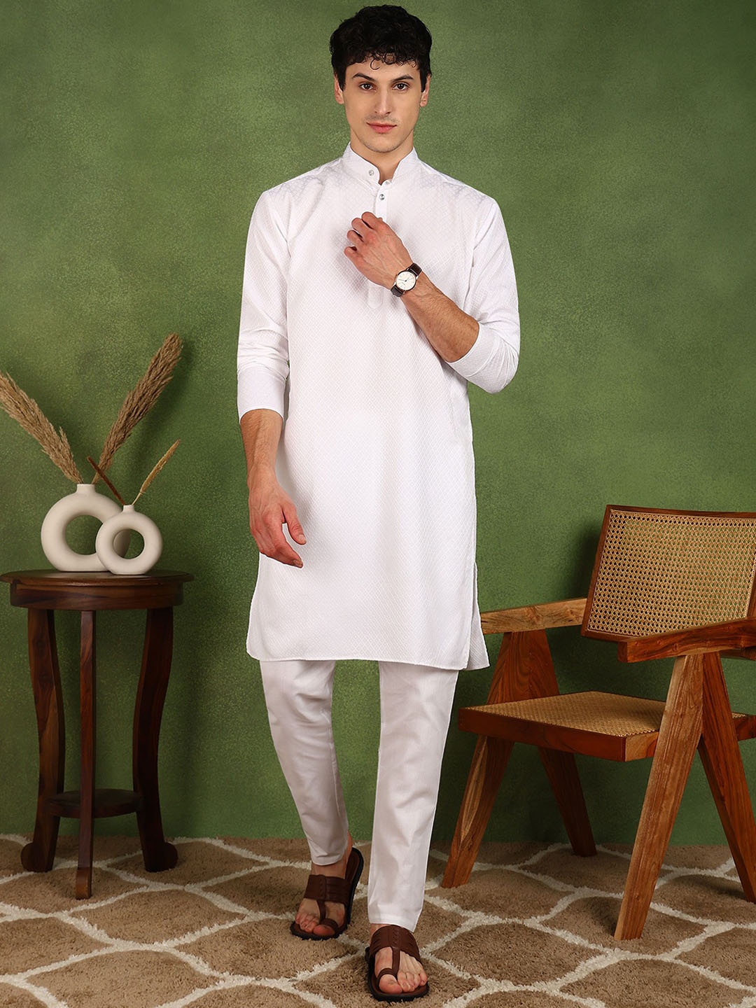 

FUBAR Mandarin Collar Regular Kurta with Pyjamas, White